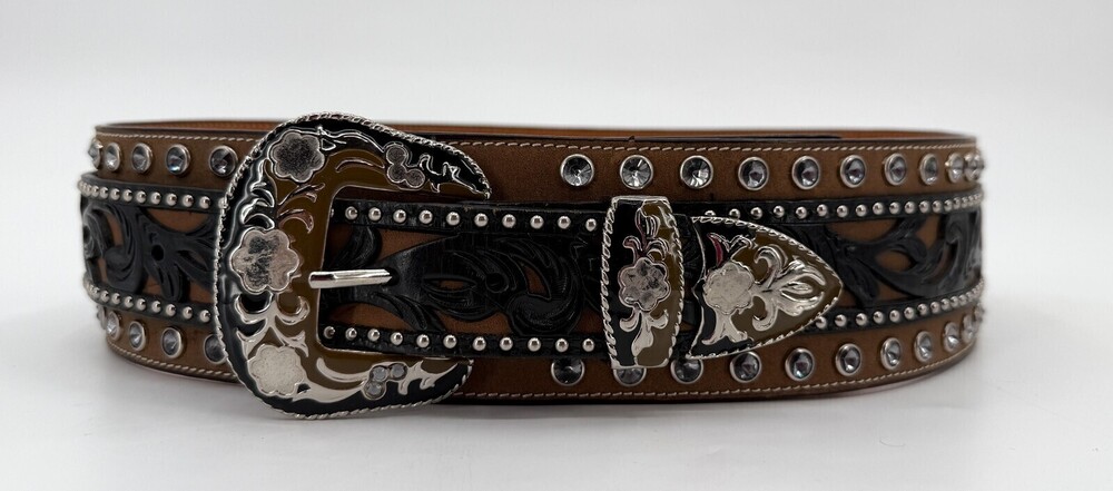 3D Belt Company Western Waist Belt 32 Tooled Leather Rhinestone Buckle